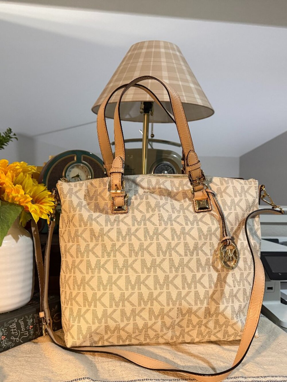 Michael Kors Large Vanilla Signature Logo Laptop Satchel Crossbody Bag